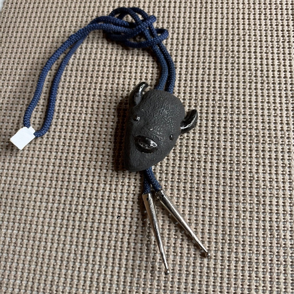 Vintage Black Buffalo Bison Head Bolo Tie Navy Blue Cord Silver Tone Tips